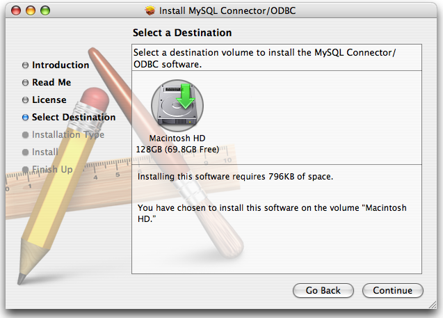 Connector/ODBC Mac OS X Installer -
                  Choosing a destination