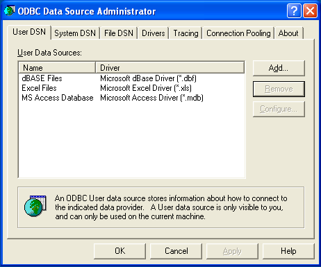 ODBC Data Source
          Administrator ダイアログ