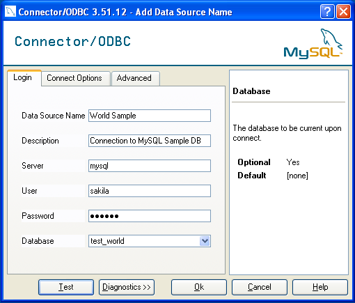 MySQL ODBC DSN
            Configuration ダイアログ
            サンプル